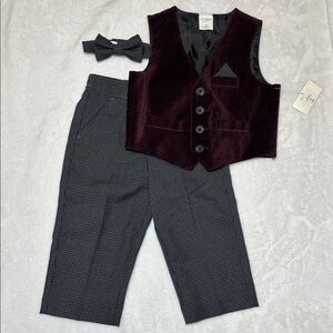 NWT Starting Out baby boys Burgundy Velvet Vest and Gray Checkered Pants 12m